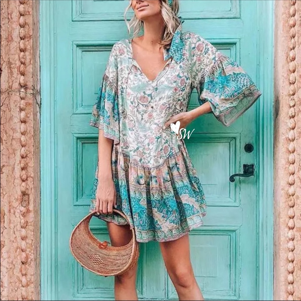 Colorful Boho Floral Gypsy Peacock Print Dress - Picture 1 of 13
